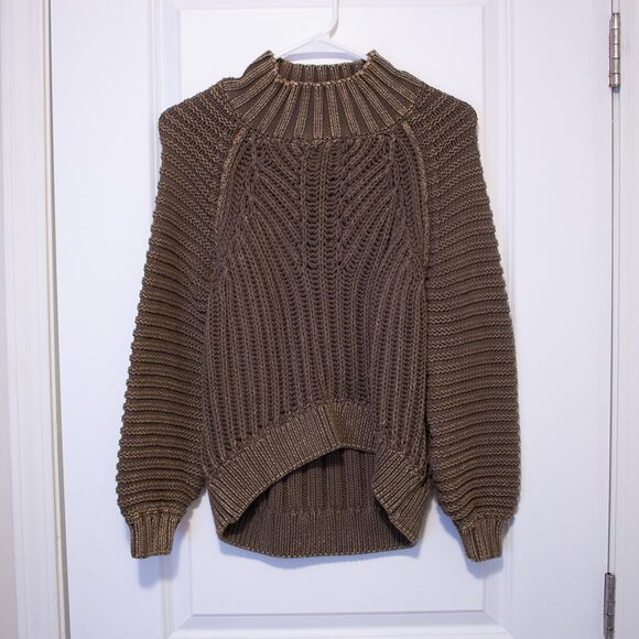 S Distressed Boho Mystree Anthropologie Boho Sweater Green Poof Chunky Mockneck - Picture 1 of 7